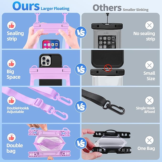 Large Waterproof Phone Pouch Floating, Waterproof Phone Case for iPhone 15 14 Pro Max 13 12 Plus 11 XS XR X Samsung up to 8.5'', IPX8 Water Proof Cell Phone Dry Bag for Beach Swimming Kayaking, Purple