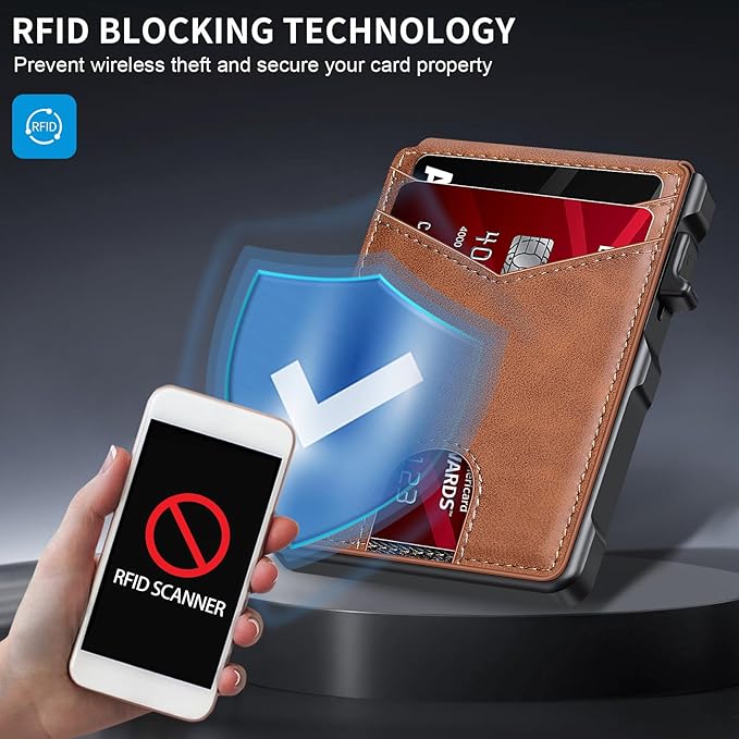Airtag Wallet for Men, Mens Smart Wallet for Air Tag RFID Blocking, Minimalist Bifold Pop Up Aluminum Credit Card Case Holder 12+ Cards with ID Window, Gift for Men, No Airtag Included, Brown