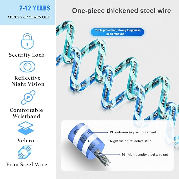 Anti-Lost Wrist Link, Blue Reflective Anti-Lost Wrist Chain with Child Lock 6.56 feet.