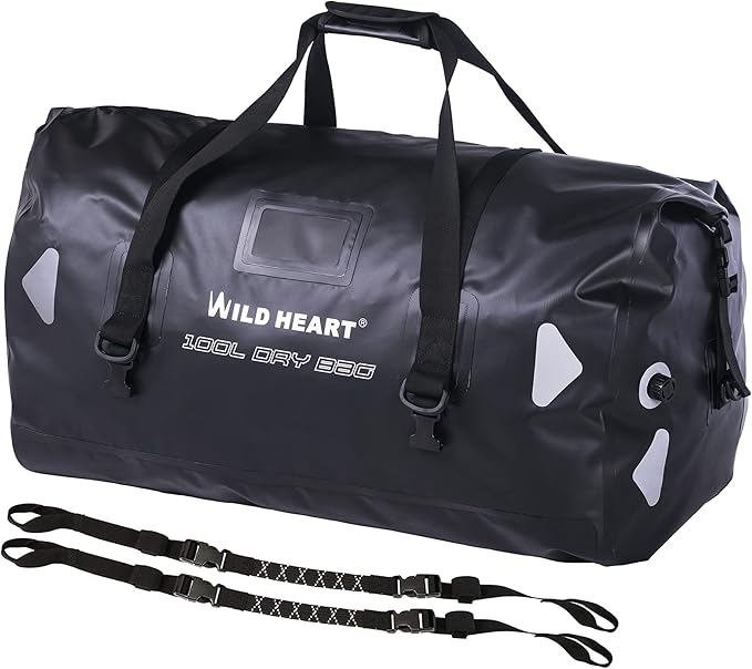 WILD HEART Waterproof Motorcycle Duffel Bag PVC500D Double-bottom With Rope Straps and Inner Pocket 40L 66L 100L for Kayaking, Camping, Boating,Motorcycle