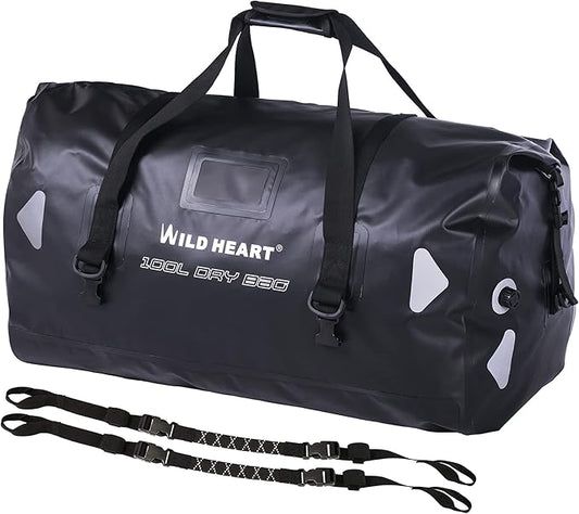 WILD HEART Waterproof Motorcycle Duffel Bag PVC500D Double-bottom With Rope Straps and Inner Pocket 40L 66L 100L for Kayaking, Camping, Boating,Motorcycle