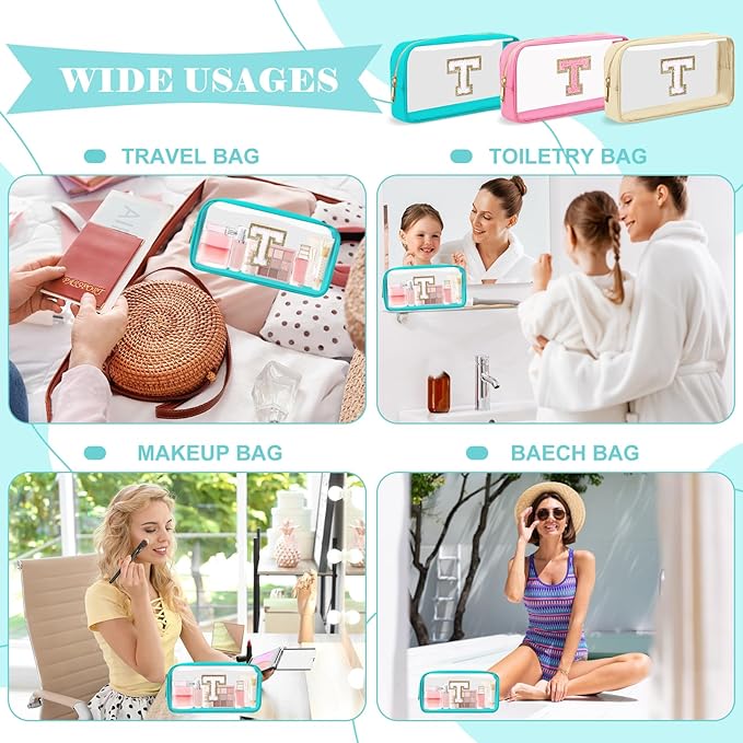 Personalized Initial Letter Clear Makeup Bag,Preppy Small Nylon&PVC Cosmetic Zipper Bag with Chenille Letter,Portable Beach Travel Skincare Toiletry Bag,Trendy Monogram Gift for Teen Girls Women,T