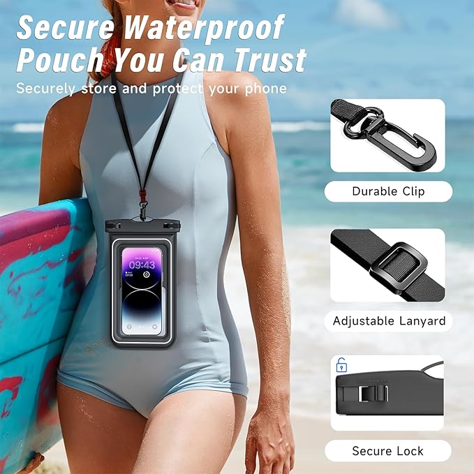 Waterproof Phone Pouch - 2 Pack IP68 Floating Waterproof Phone Case, Dry Bag Beach Cruise Essentials with Adjustable Lanyard for iPhone 16 Pro Max / 15 Pro / Galaxy S24 S23 (Black and Black)