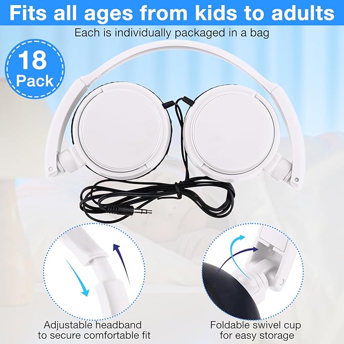 Yunsailing 18 Pack Classroom Headphones Bulk Student Wired Class Headphones Set for School with Individually Wrapped Adjustable Over Ear Head Earbuds (White)