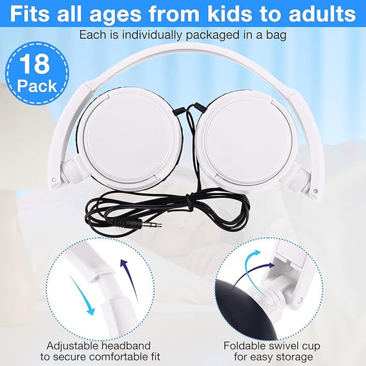 Yunsailing 18 Pack Classroom Headphones Bulk Student Wired Class Headphones Set for School with Individually Wrapped Adjustable Over Ear Head Earbuds (White)