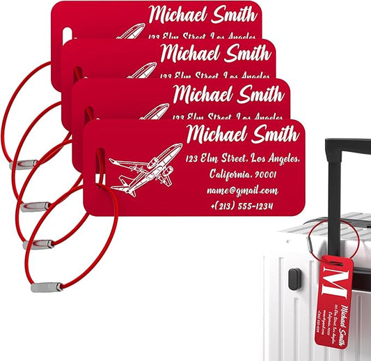 4 PCS Personalized Luggage Tags for Suitcase, Custom Engraved Aluminum Luggage Tags with Your Personalized Text Logo, Metal Name Tags with Steel Loop for Bag, Suitcase, Backpack (Red, Small)