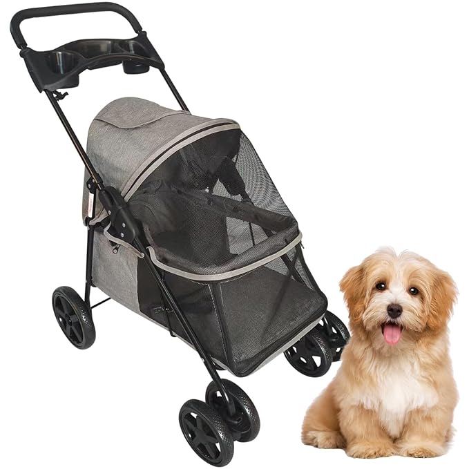 Critter Sitters Grey Foldable Pet Stroller for Small Dogs/Cats with Breathable Scratch Resistant Mesh Windows, Cup Holders, Storage Pockets, Lockable Wheels, Safety Leash, Animal Stroller