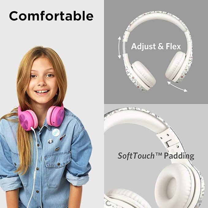 LilGadgets Connect+ Pro Wired Kids Headphones for School with Microphone, Volume Limiting Over-Ear Headset with Cord, SharePort Technology & SoftTouch Padding, Unicorn