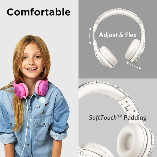 LilGadgets Connect+ Pro Wired Kids Headphones for School with Microphone, Volume Limiting Over-Ear Headset with Cord, SharePort Technology & SoftTouch Padding, Unicorn