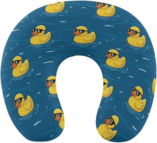 Chin Supporting U-Shaped Neck Pillow Memory Foam Travel, Cool Sunglasses Funny Yellow Rubber Duck Navy Blue U-Shape, Office Home Airplane Comfort