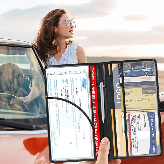 RSAquar Car Registration and Insurance Holder, Leather Car Glove Box Organizer, Cool Car Accessories for ID, Driver's License Cards & Essential Document, Men&Women, Black