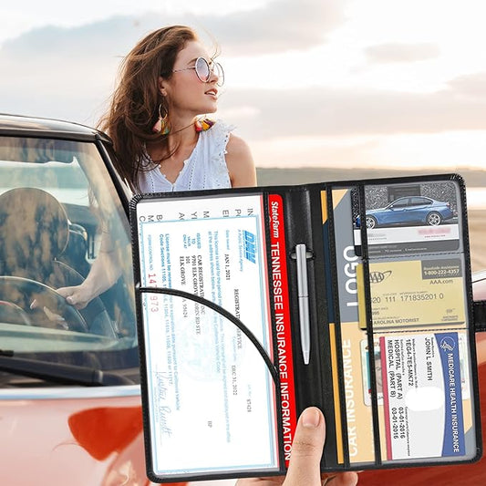 RSAquar Car Registration and Insurance Holder, Leather Car Glove Box Organizer, Cool Car Accessories for ID, Driver's License Cards & Essential Document, Men&Women, Black