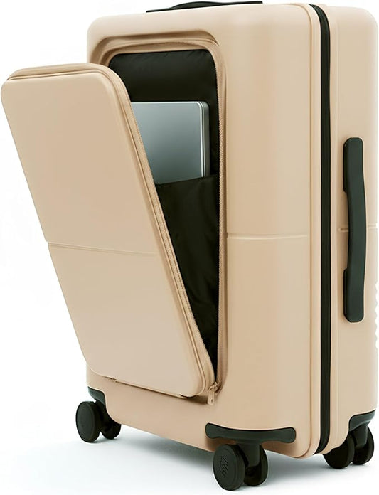 July Carry On Pro - 20" Hardshell with Front Pocket, Airline Approved Carry On Luggage with Wheels, TSA Lock Rolling Suitcase, Silent Spinner Wheels, USB Ports & Ejectable Battery - Sand