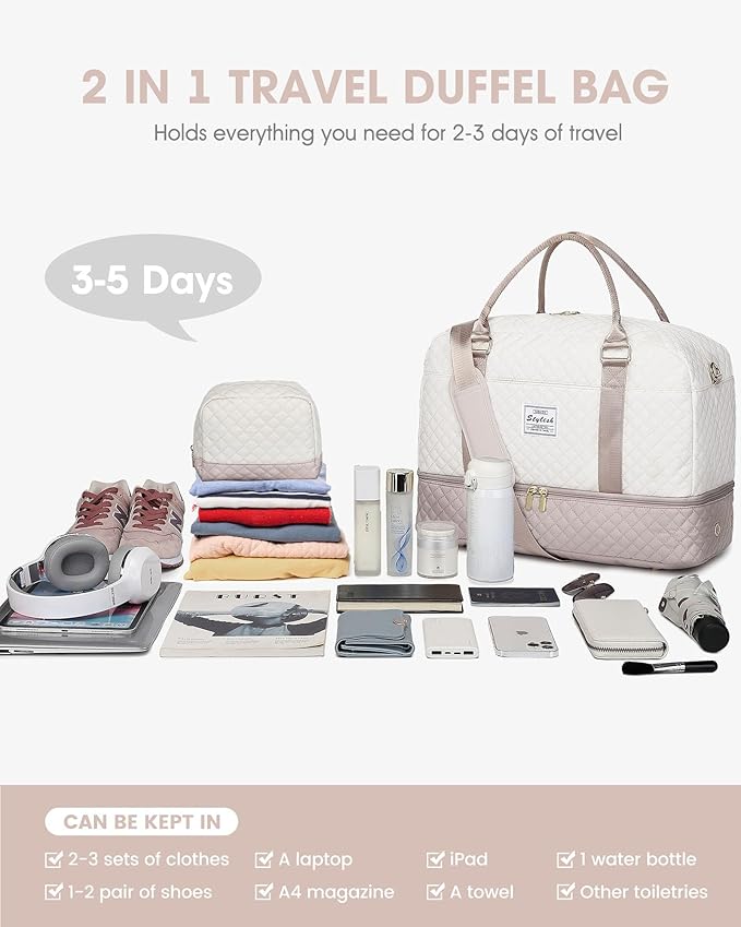 Travel Duffle Bag Weekender for Women: Travel Duffel Bag Carry-On Overnight Bag with Shoe Compartment & Wet Pocket Large Weekend Tote Bag withGym Duffel Bag for Hospital Beige