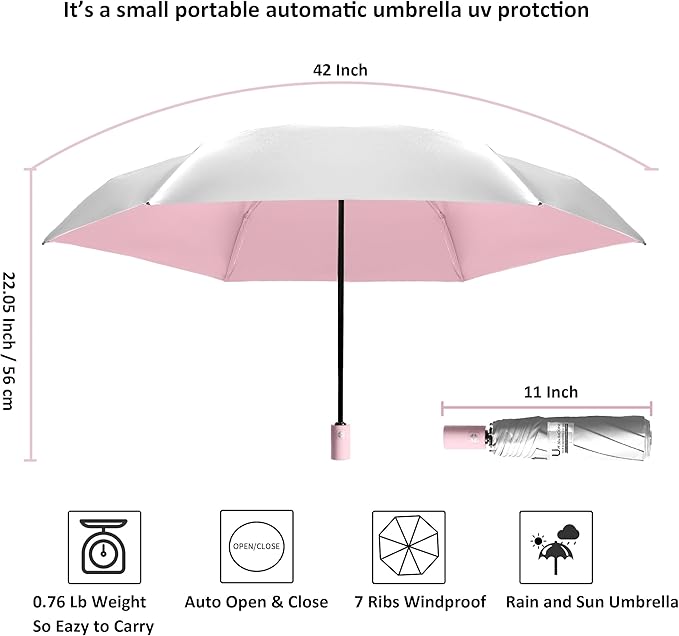 BAODINI Small UV Protection Travel Umbrella Compact for Rain and Sun UPF 50+ Windproof Portable 42 inch Umbrella for Women and Men