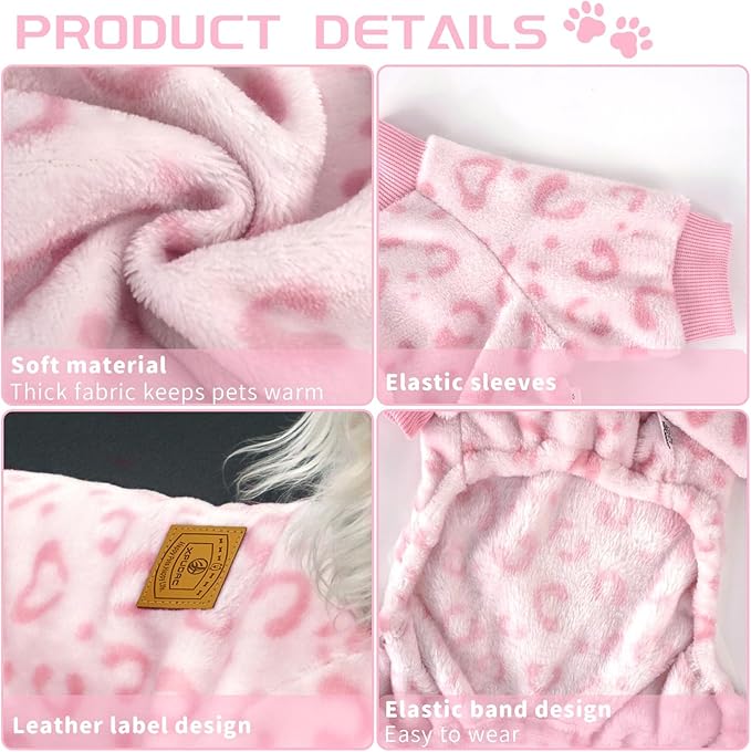 XPUDAC Dog Sweater Leopard Fleece Dog Pajamas for Small Medium Dogs Girl Soft Warm Pet Winter Clothes for Winter Christmas(Pink, Large)
