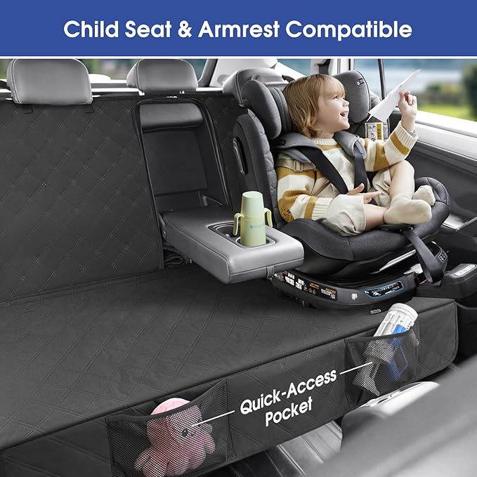 Upgraded 900D Heavy Duty Dog Back Bench Seat Cover, Car Seat Protector, Fits Full Size Trucks, 3 Seatbelts & Armrest Compatible, Waterproof Nonslip Pet Backseat Cover for Dogs & Kids