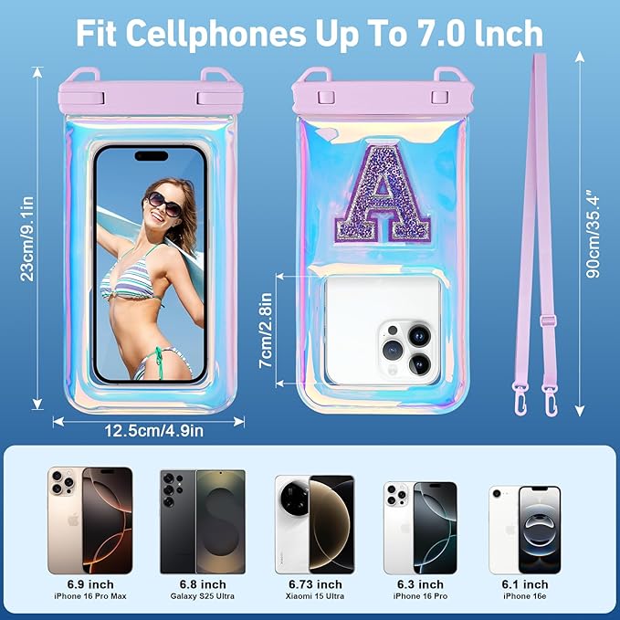 Waterproof Phone Pouch Floating, IPX68 Waterproof Phone Case with Lanyard for iPhone 16 15 14 13 12 Pro Max Samsung S25 S24 S23 S22, Up to 7 Inch, Beach Vacation Essentials, Sparkling Purple Letter