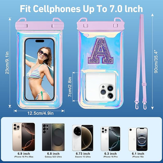 Waterproof Phone Pouch Floating, IPX68 Waterproof Phone Case with Lanyard for iPhone 16 15 14 13 12 Pro Max Samsung S25 S24 S23 S22, Up to 7 Inch, Beach Vacation Essentials, Sparkling Purple Letter