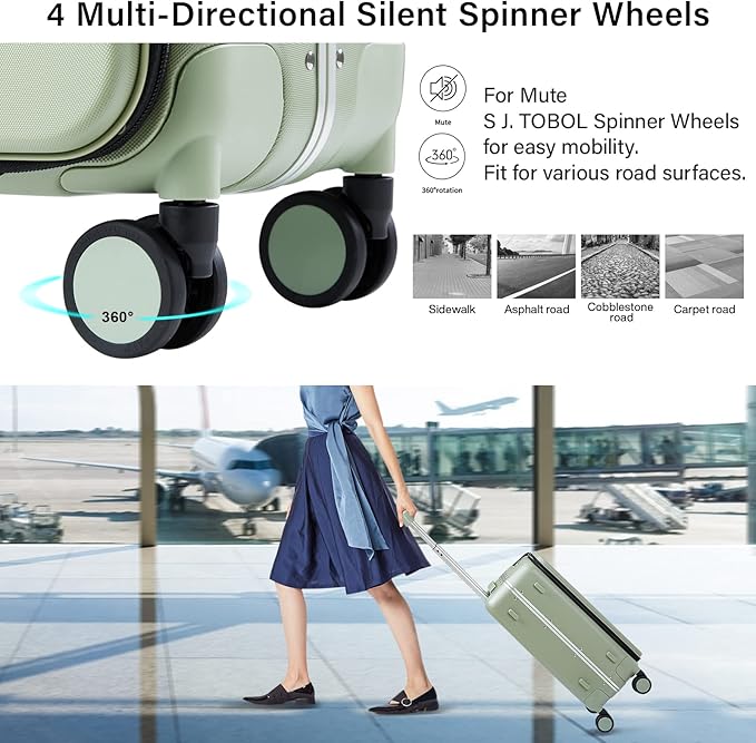 MILADA Carry On Luggage 22x14x9 Airline Approved Spinner Wheels TSA Luggage 20 Inch Hard Shell Suitcases Front Opening Pocket Rolling Aluminum Frame Travel Luggage, Bamboo Green