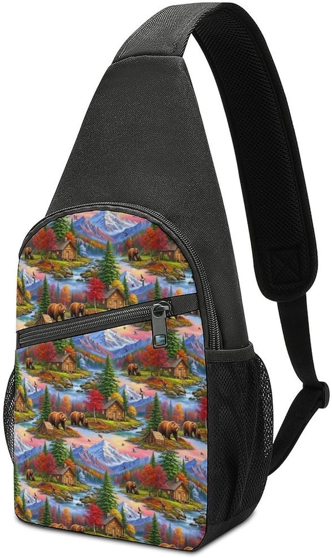 SWEET TANG Polyester Shoulder Sling Bag Multipurpose Casual Sport Daypack Unbalance Backpack with Small Pocket and Smooth Zipper, Bears