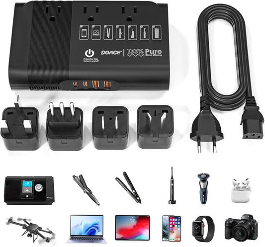 DOACE 500W Max Pure Sine Wave Voltage Converter Us to Europe, 220V to 110V Converter 50Hz to 60Hz Transformer for European Travel, Power Converter Adapter Combo for CPAP Hair Straightener Laptop Phone