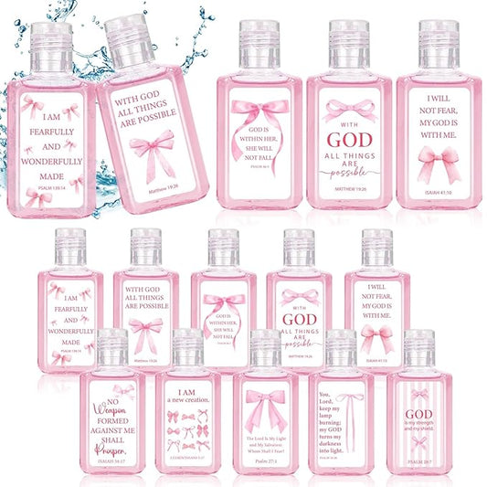 50 Pcs Christian Mini Hand Sanitizer Bulk Coquette Pink Bible Verse Hand Sanitizer Pink Bow Religious Inspirational Favors 1fl oz Travel Size Hand Soap Gift for Christmas Christian Party Supplies