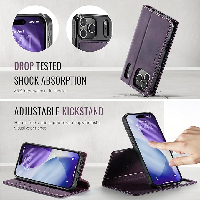 PlusnapX Wallet Case for iPhone 17 Pro Max Compatible with Magsafe, 2-IN-1 PU Leather Flip RFID Blocking Card Holder Stand Shockproof Magnetic Detachable Cover for iPhone 17 Pro Max 6.9", Retro Purple