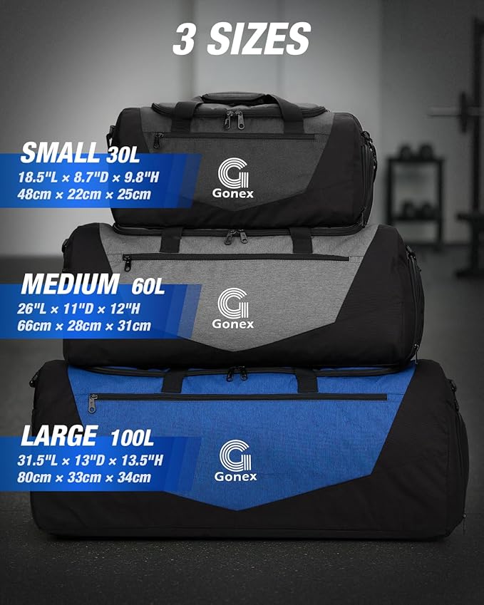Gonex Gym Duffel Bag with Shoe Compartment Wet Pocket, Large Capacity Sports Duffle Bag for Men Women, Workout & Travel Bag with Multiple Pockets, Black/Blue, Medium (60L)