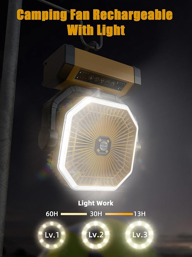 Orteen Rechargeable 9-Inch Portable Table Fan, 20000mAh Battery Powered Camping Fan with Auto Oscillation, Remote Control, LED Light, Hook - 20000mAh-Yellow