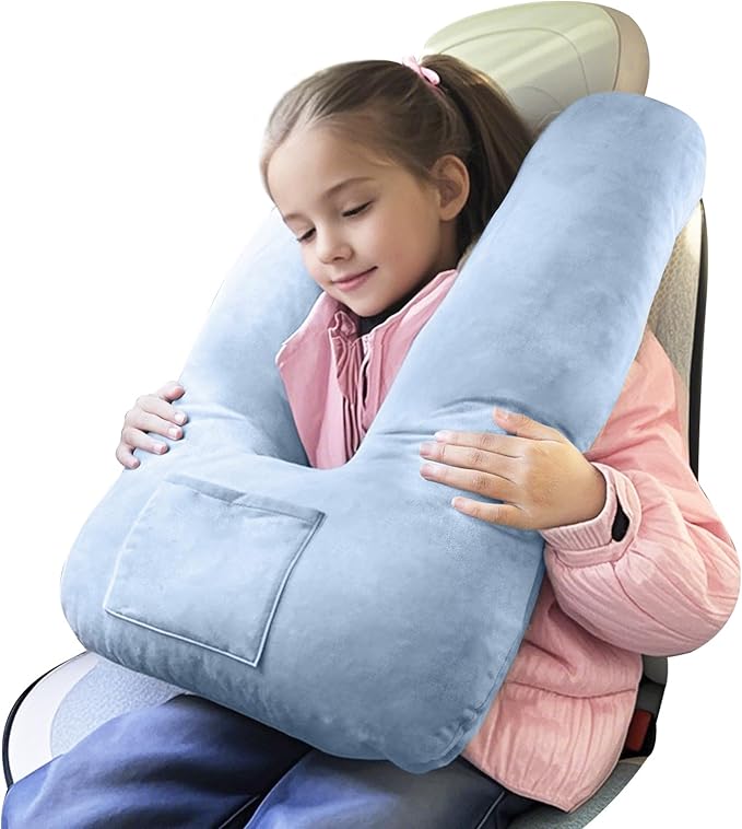 Car Pillow for Kids, Travel Pillow for Car, Toddler Travel Pillow for Sleeping Carseat Pillow for Adults, Removable and Washable Covers, Long Car Ride Essentials, Blue-Skin-Friendly