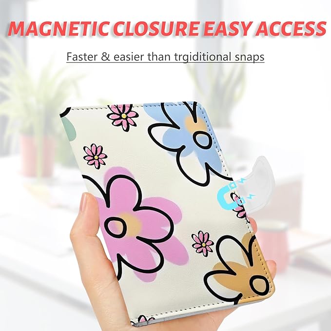 Passport Holder, Travel Wallet Cover with Pen Loop | Cute RFID Blocking Leather Case with Magnetic Closure for Travel Essentials-flower