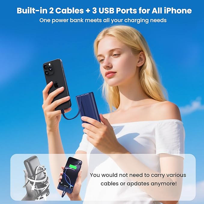 Portable Charger 40,800mAh Power Bank with Built-in Cables,5 USB Output Battery Pack Backup,25W PD USB-C in&out Phone Charging Compatible with iPhone 17/16/15,Android Samsung Galaxy Pixel Nexus-Blue