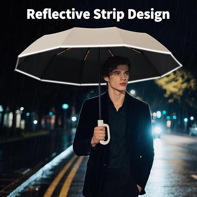 Seniny Travel Umbrella with Carabiner Handle, Windproof Large Umbrellas for Rain with Dual-Rib Structure, Portable Compact Umbrella with Reflective Strip, Car Backpack UV Umbrellas for Sun Protection