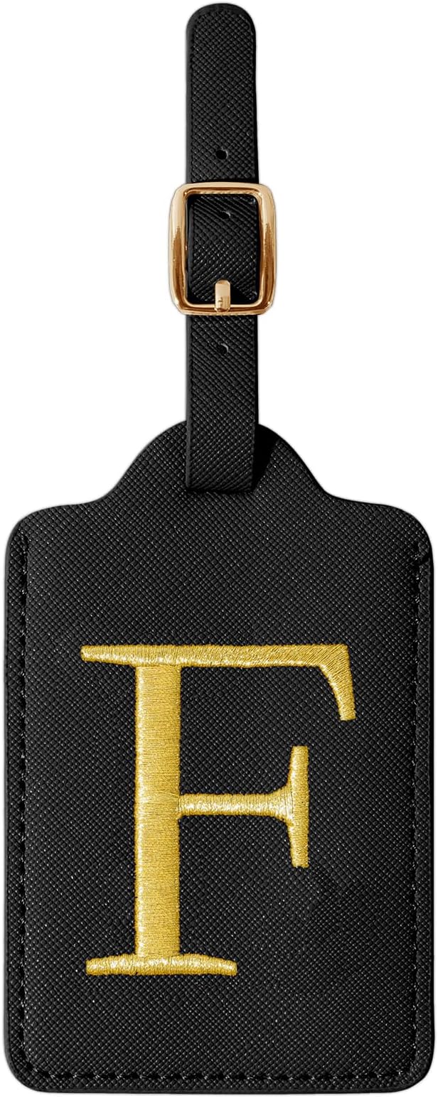 Personalized Initial Luggage Tags for Suitcase TSA Approved, Black Leather Cute Luggage Tag with Privacy Cover Name Card, Embroidered Custom Luggage Tags Travel Backpack Tags Gifts for Women Kids(F)