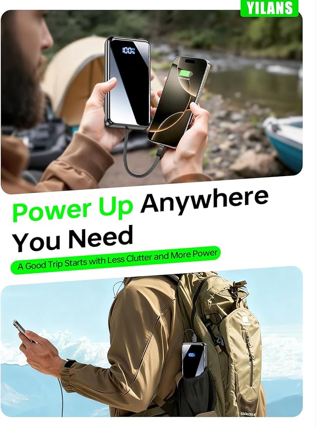 Portable Charger,50000mAh Power Bank Built-in Cable, 22.5W PD USB C in & Out Fast Charging, External Battery Pack with 6 Output & 2 Input, Travel Essential for iPhone 17/16/15/14/13/12-Grey