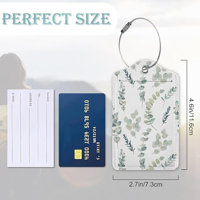 Luggage Tags Set of 2 Eucalyptus Leaves Watercolor Leather Suitcase Tags with Stainless Steel Loop and Privacy Cover for Women Men Travel Luggage Accessories