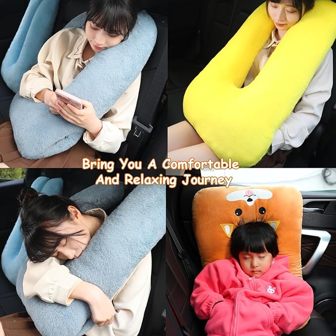 Kids Travel Pillow for Car Seat with Hand Muff, Cartoon Neck & Headrest Seat Belt Pillow for Car Road Trips Long-Distance Travel Sleeping Pillow for Adults and Children, Dark Gray