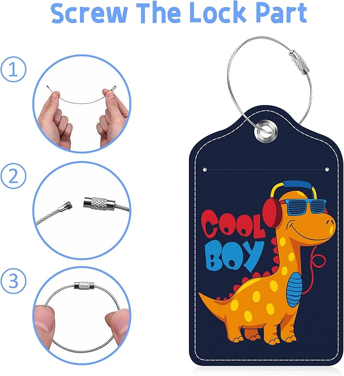 2 Pack Luggage Tags for Suitcase Cartoon Cool Dinosaur Leather Stainless Steel Loop Label Tags for Women Men Travel Bag Suitcase with Privacy Cover Name ID Card