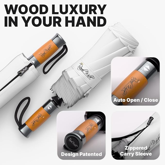 Royal Walk Windproof Folding Travel Umbrella Compact and Strong Luxurious Real Wood Handle Automatic Open Close Vented Double Canopy for Men and Women