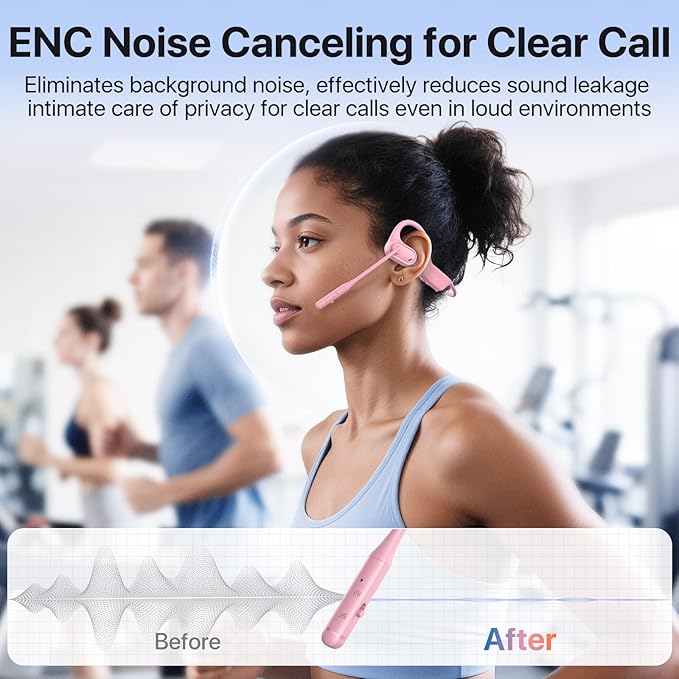 Open Ear Headphones with Mic, 29g Bluetooth Headset, Sweat Resistant,12Hrs, Dual Connect, Wireless Bluetooth Headphones with Noise Cancelling Microphone & Mute, for Work, Workout, Driving, Call, Pink