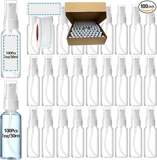 100PCS 1oz/30ml Small Mini Spray Bottles with 150pcs Labels, Clear Travel Spray Bottles Refillable Fine Mist Plastic Empty Bottle, Refillable Cosmetic Containers for Plants,Cleaning, Misting&Skin Care