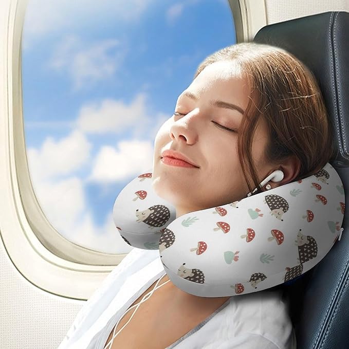 Cute Travel Neck Pillow Autumn Hedgehogs Leaves Mushrooms Memory Foam U Shaped Cushion, Washable Cover for Boys Girls Airplane Car School Nap