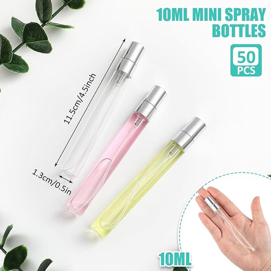 Zhehao 50 Pcs Mini Spray Bottles 10 ml Clear Glass Perfume Bottles Refillable Fine Mist Perfume Atomizer Portable Empty Sample Containers for Cleaning, Essential Oils, Travel (Silver Cap)