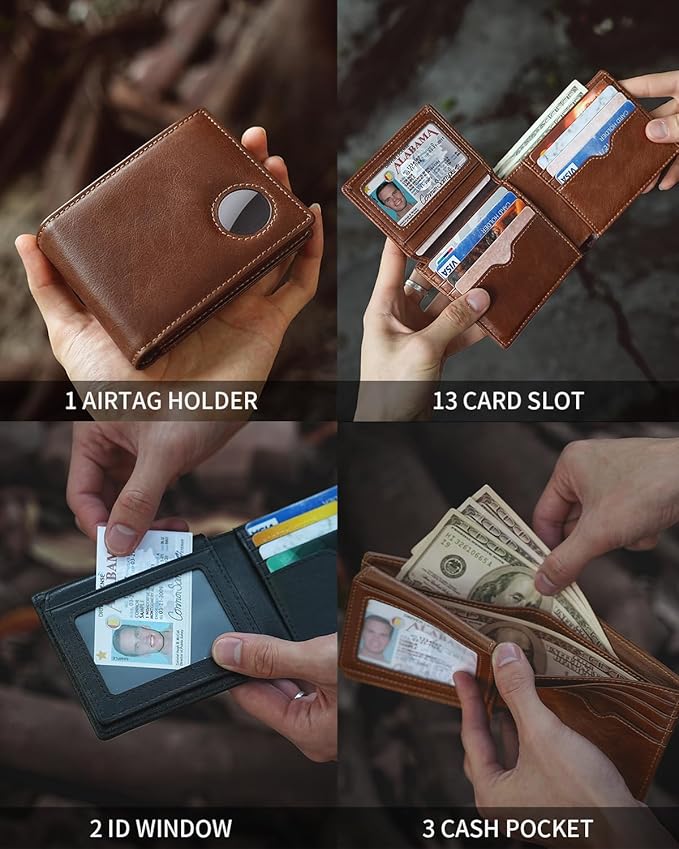 Mens Wallet with AirTag Holder, Genuine Leather Bifold RFID Blocking Wallet for Men - 2 ID Window 13 Cards Holders 1 Gift Box, AirTag Not Included