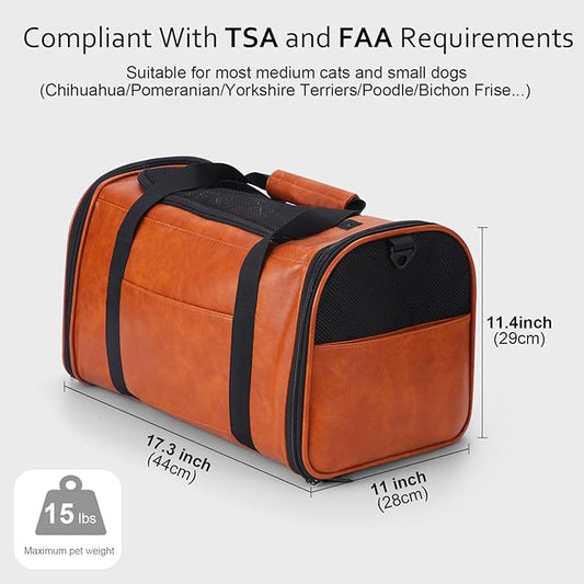 Fashion Leather Dog Carrier Cat Carrier Airline Approved Pet Carrier for Small Medium Dogs Cats Under 15Lbs, Collapsible Soft Sided Travel Puppy Carrier Brown