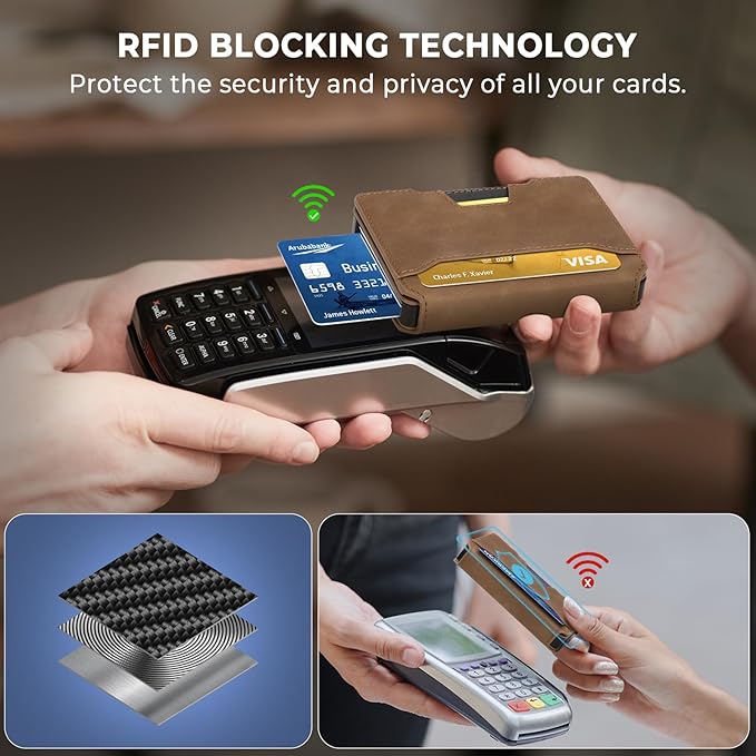 Slim Wallet for Men - Minimalist Mens Wallet with Money Clip, Aluminum Pop Up Card Case and Leather Slots Credit Card Holder RFID Blocking Wallet for Men with Gift Box