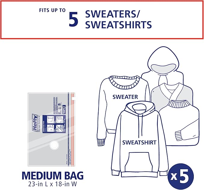 Hefty Shrink-Pak Vacuum Storage Bags - Space Saver for Under Bed Storage, Clothing and Comforters, 3X More Storage Space, 6 Medium Zipper Bags