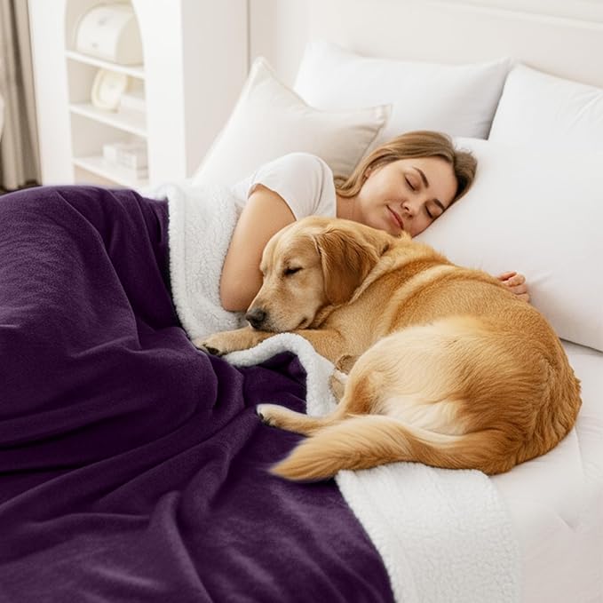 Smiry Waterproof Blanket Throw for Large Dogs Cats, Soft Reversible Dog Blanket for Sofa Couch Bed, Washable Leakproof Sherpa Fleece Furniture Couch Protector(30"x40", Dark Purple/White)