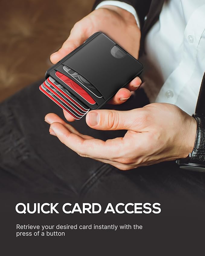 Minimalist Mens Wallet Card Holder: Pop Up Card Case, Genuine Leather, Smart, RFID Blocking, Slim, Thin, Front Pocket, Gift Box - 9-12 Card Capacitiy, Cash Pocket (Black)